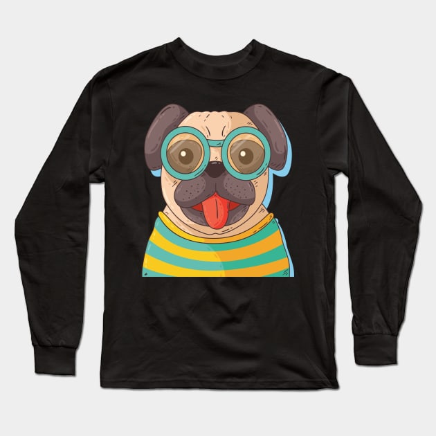 Pug With Glasses Long Sleeve T-Shirt by Mako Design 